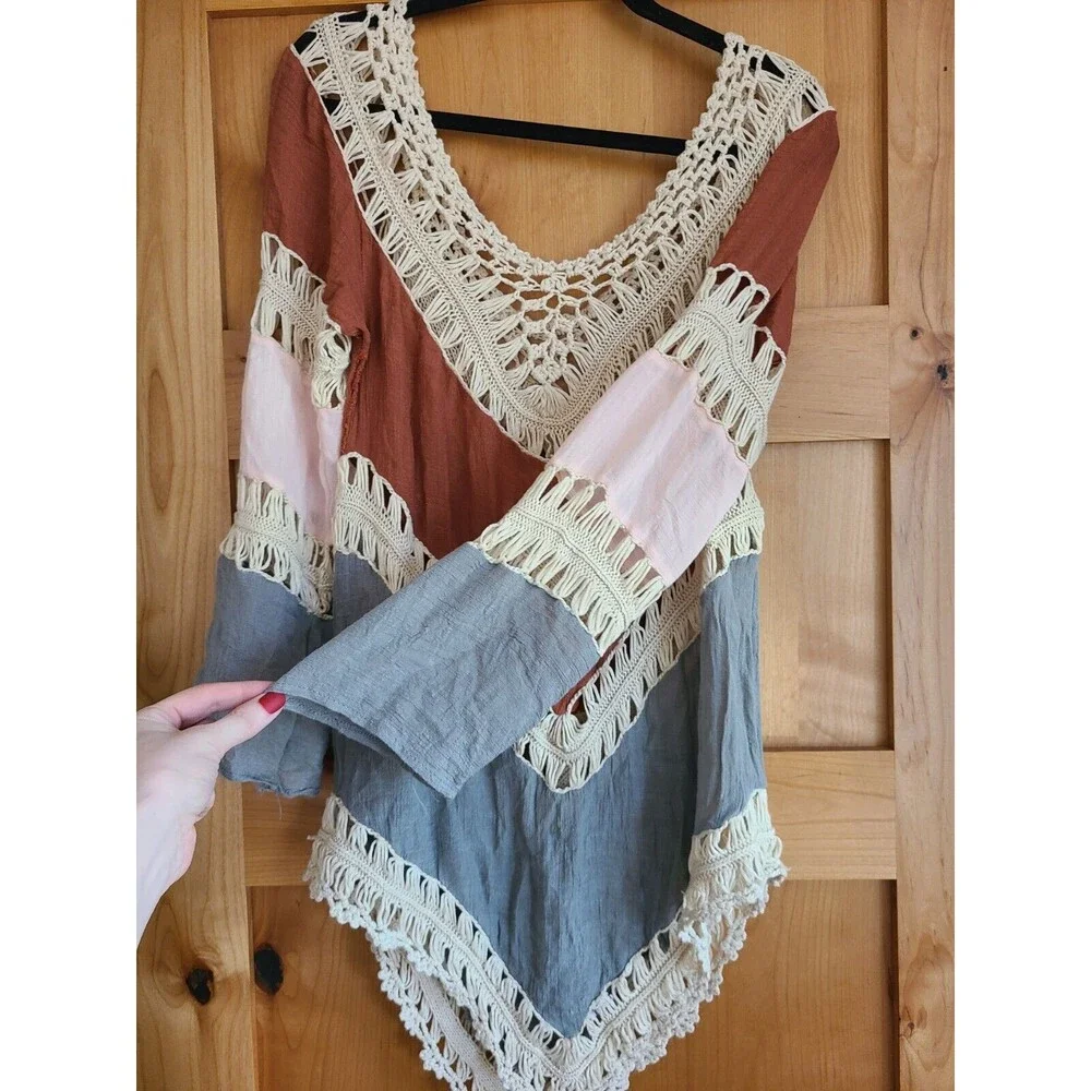 70s Boho Crochet Resort Bell Sleeve Festival Top Hippie Swim Cover Up SMALL S‎